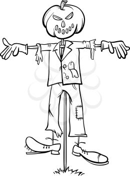 Black and white cartoon illustration of scary halloween scarecrow fright for coloring book