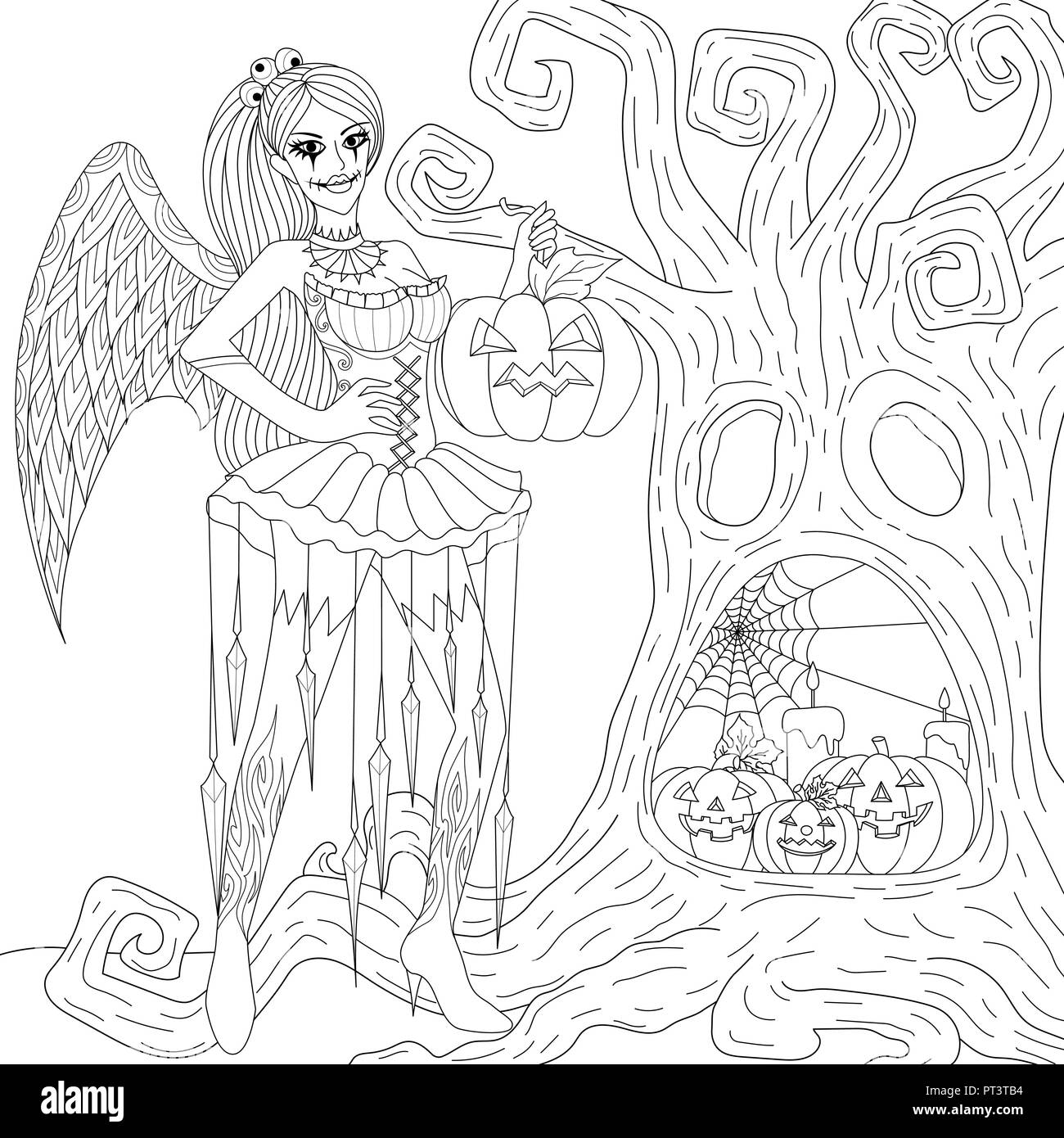 Halloween coloring pages coloring book for adults gothic girl horror background with castle pumpkins and owl antistress freehand sketch drawing w stock vector image art