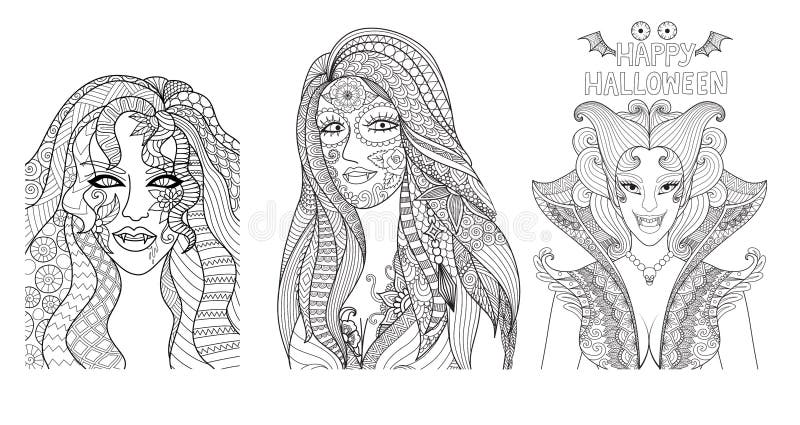 Scary halloween girls for design element and coloring book page hand drawn illustration zentangle