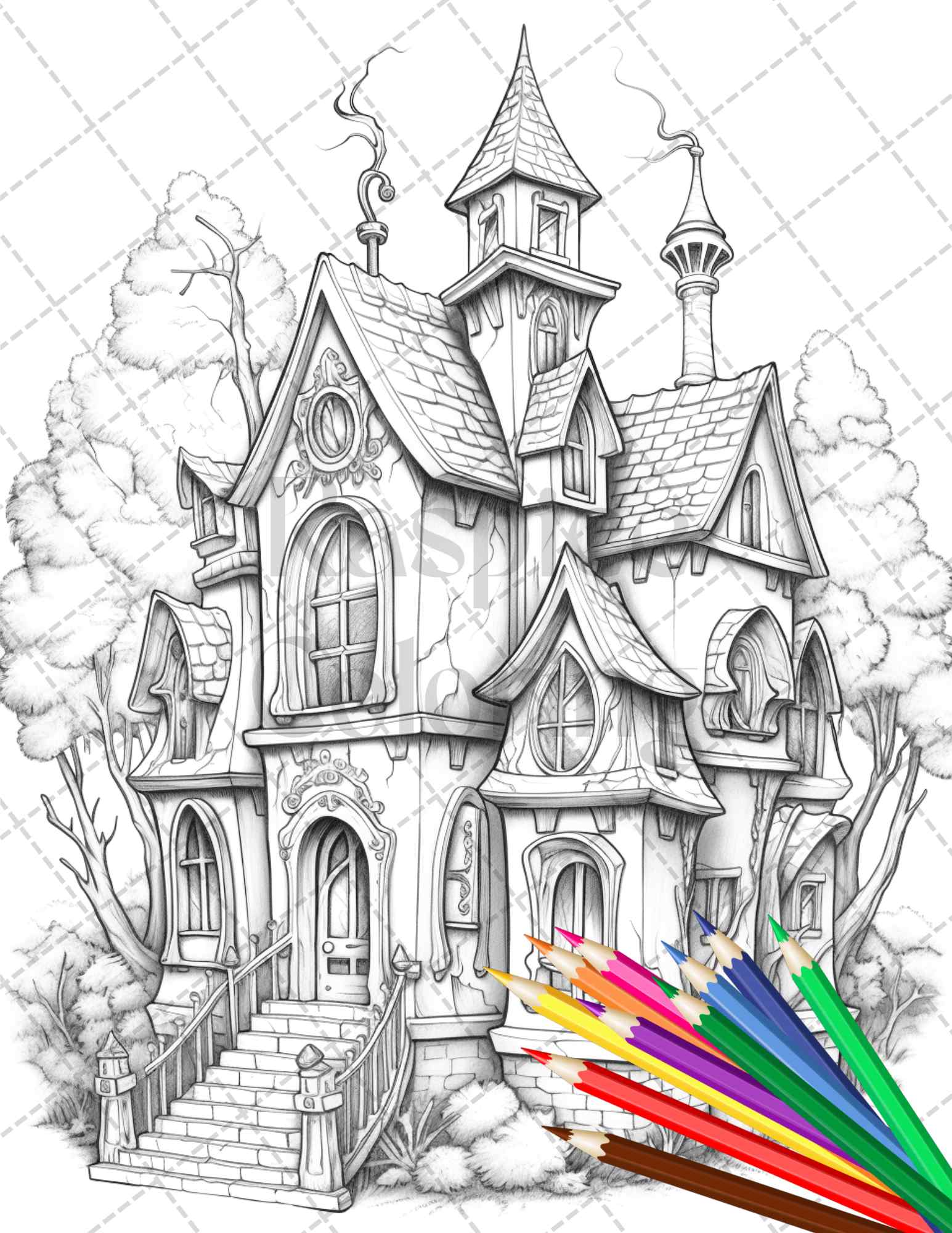 Creepy gothic houses grayscale coloring pages printable for adults â coloring