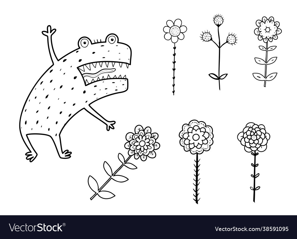 Funny angry scary monster coloring book page vector image