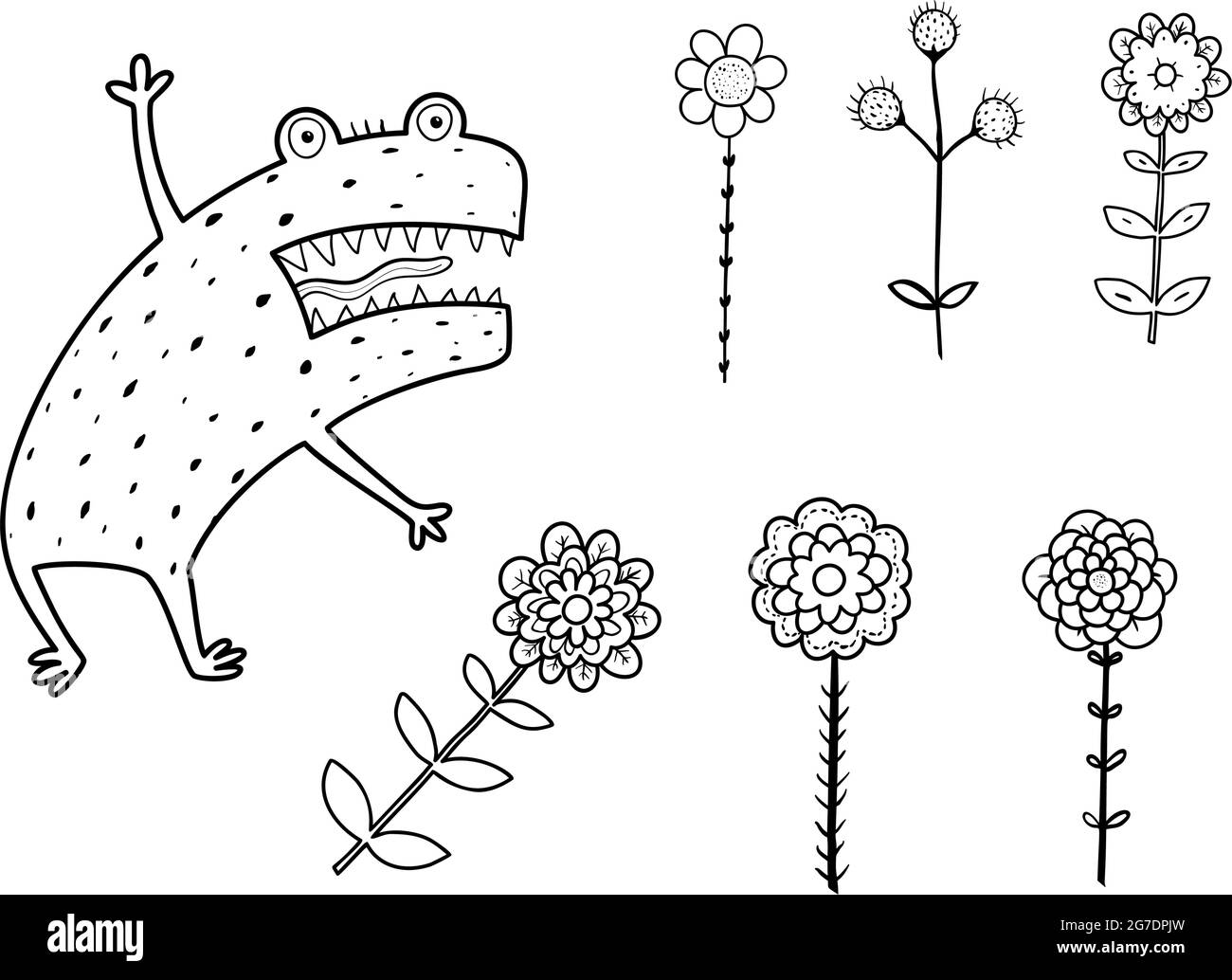 Funny angry scary monster coloring book page stock vector image art