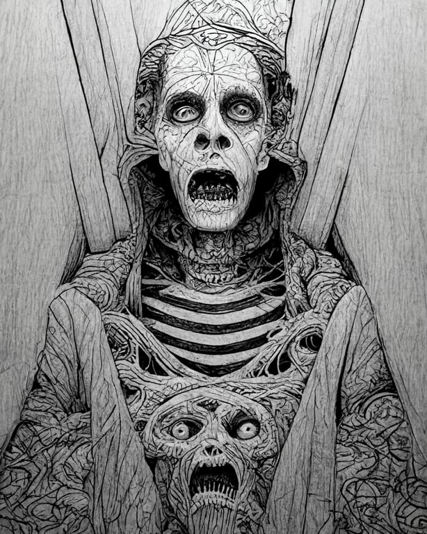 Horror movie black and white line art coloring page for adults intricate details crisp lines