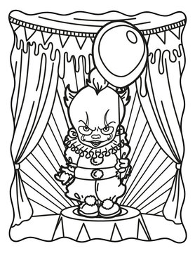 Clown with a balloon in the circus coloring book for children coloring book for adults halloween coloring book for halloween cute horror movies vector