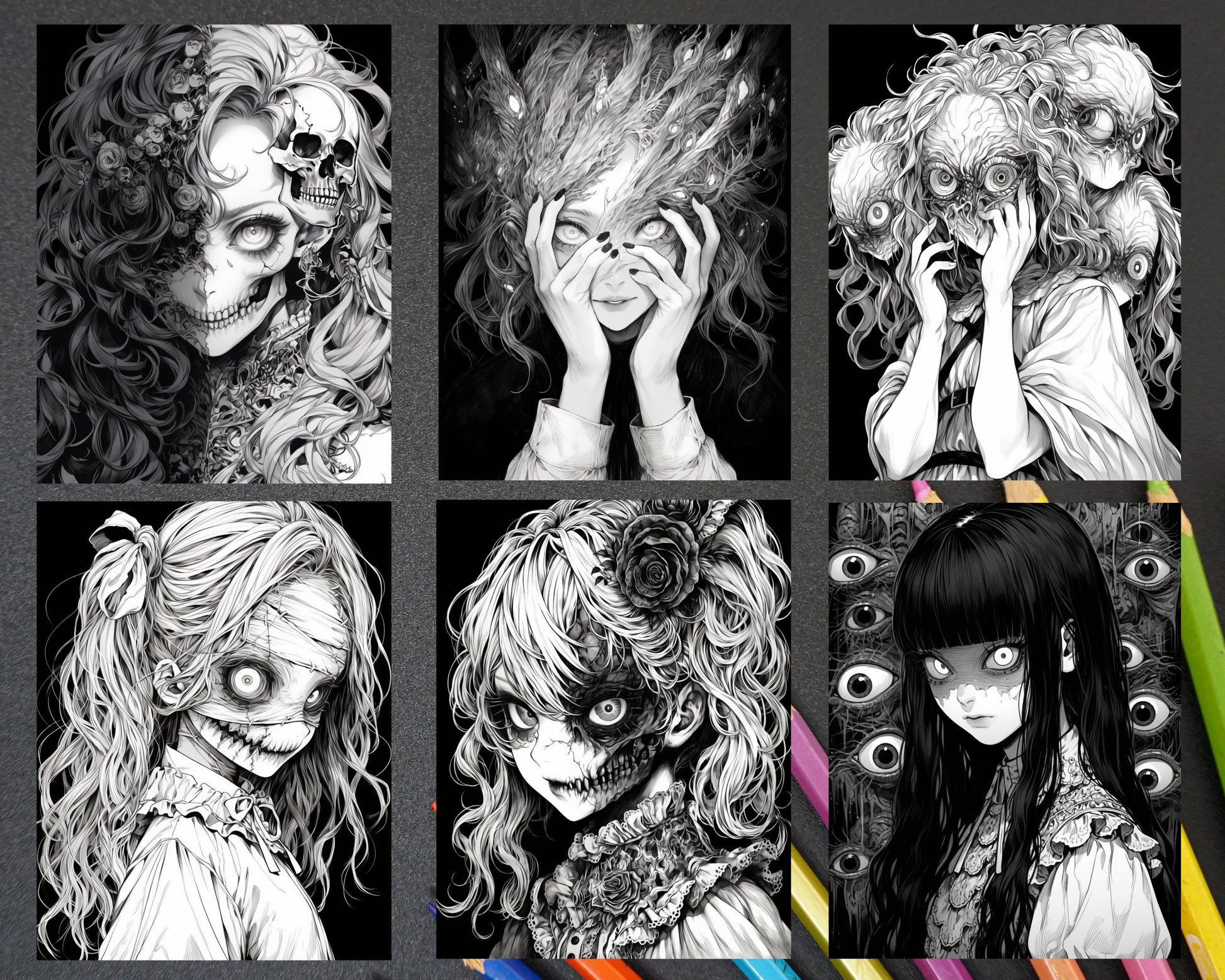 Horror beauties grayscale coloring pages printable for adults pdf â coloring