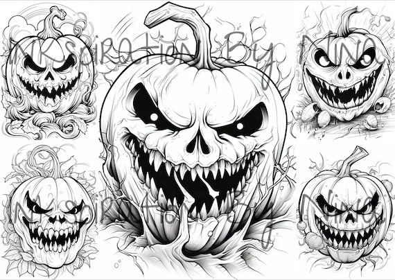 Scary pumpkin coloring pages premium adult kids halloween scene coloring sheets coloring book a size printable digital pdf download instant download