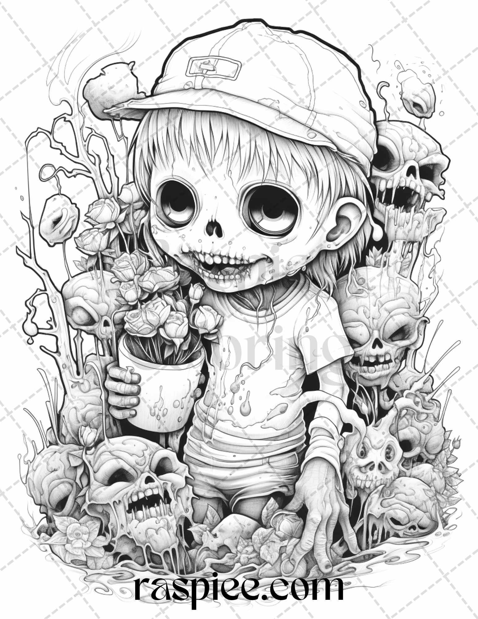 Halloween creepy kawaii grayscale coloring pages for adults and kid â coloring