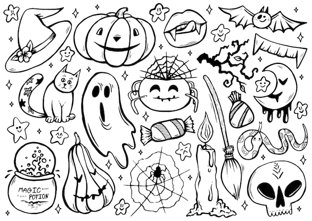 Premium vector halloween coloring page with spooky objects hand drawn cute halloween coloring sheet