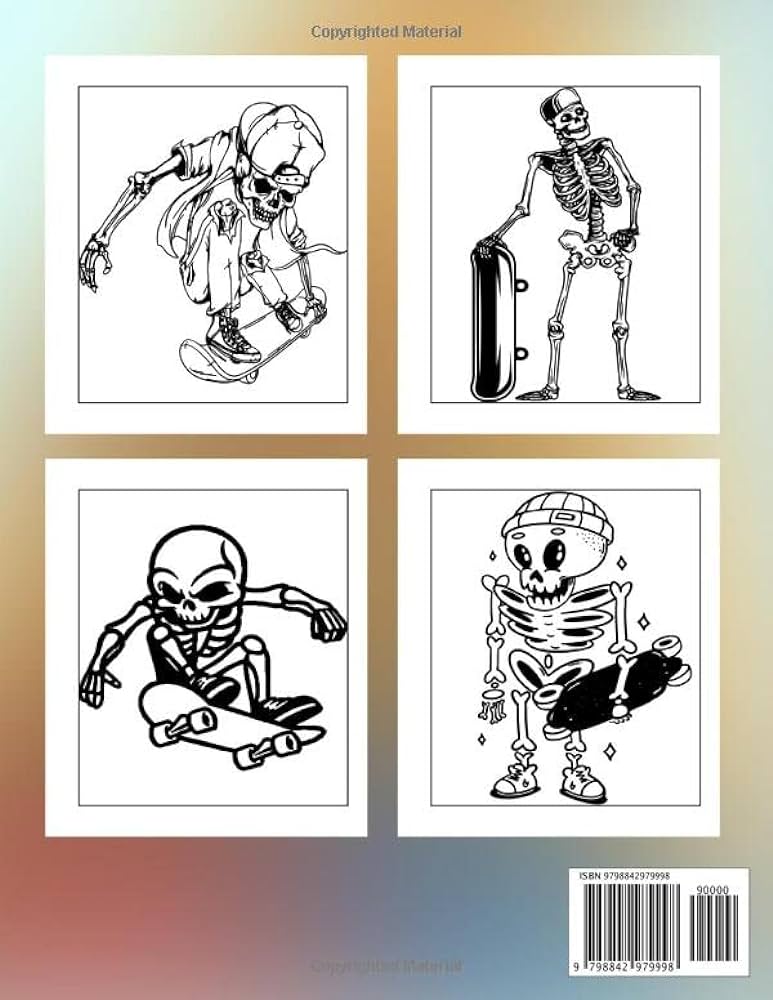Skeleton skateboard coloring book horror coloring pages featuring several scary illustrations for adults to enjoying after hard day world painting books