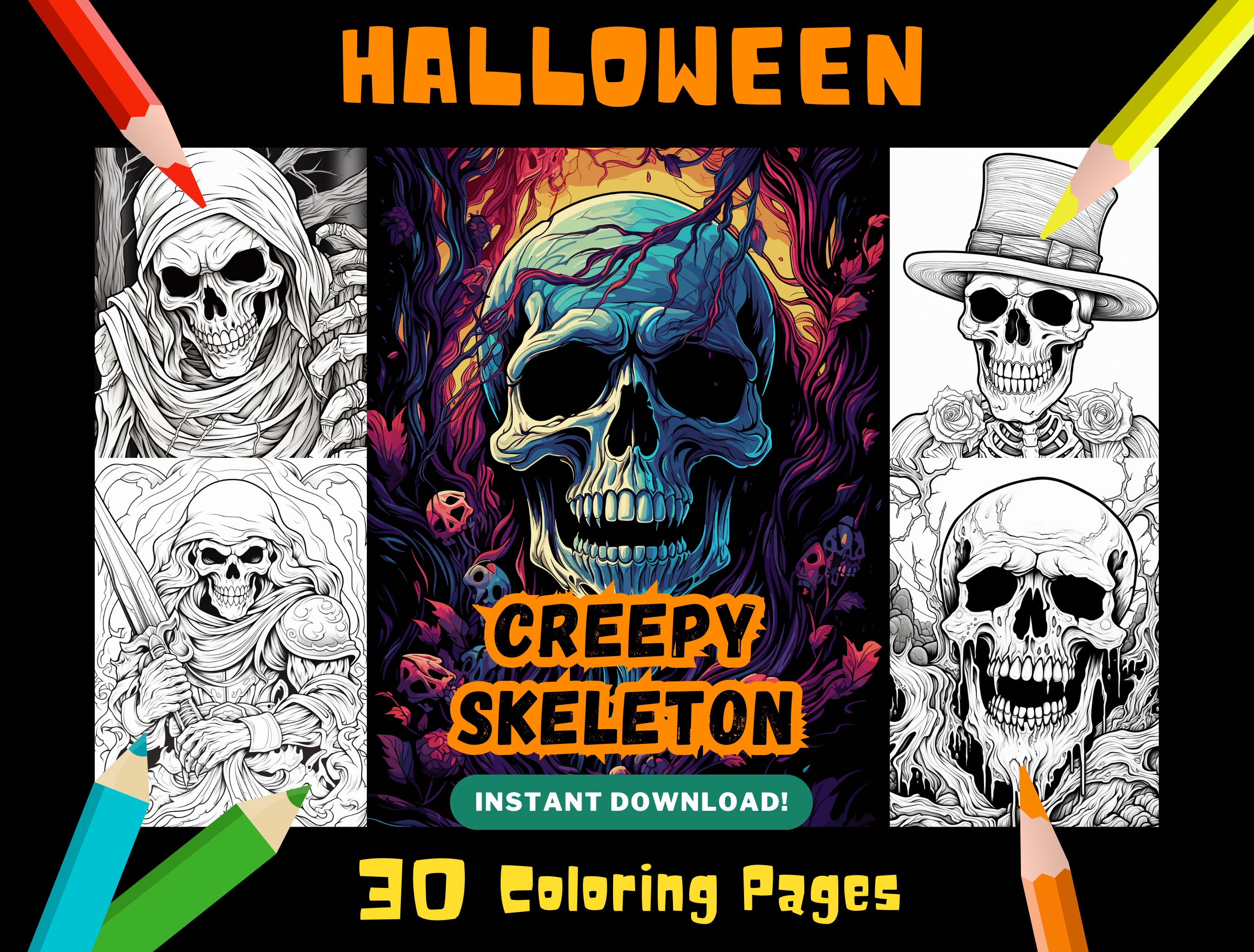 Creepy skeleton coloring pages for adults fun spooky horror adult coloring pages digital instant download printables