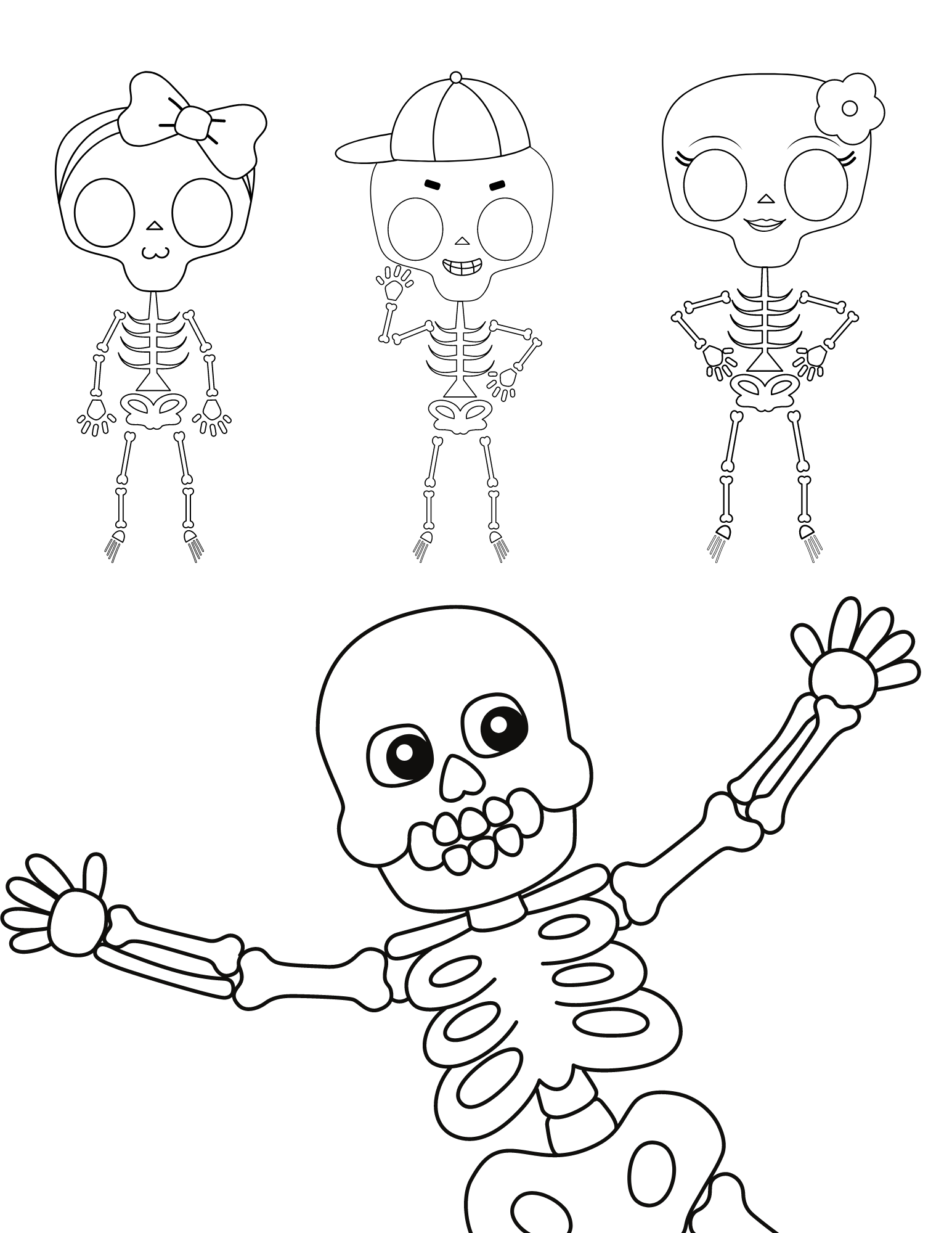 Spooky scary skeleton coloring pages for kids and adults