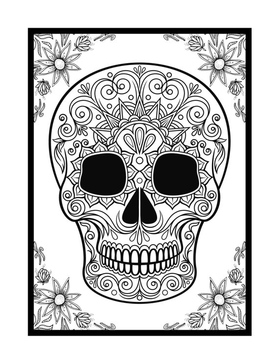 Scary coloring page for dios de los muertos mexican skull color page for adults skull coloring pod coloring page instant delivery