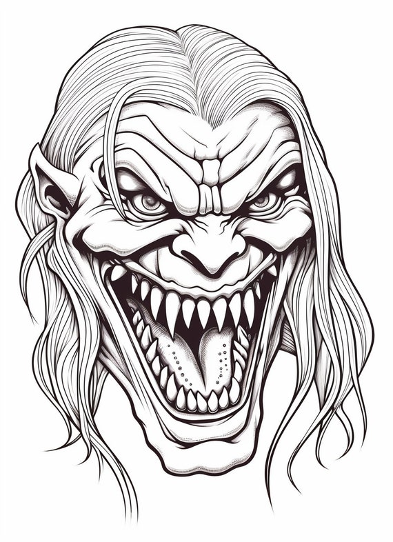 Halloween scary vampire head coloring book page image for adults black and white line drawing image buy once and print hundreds