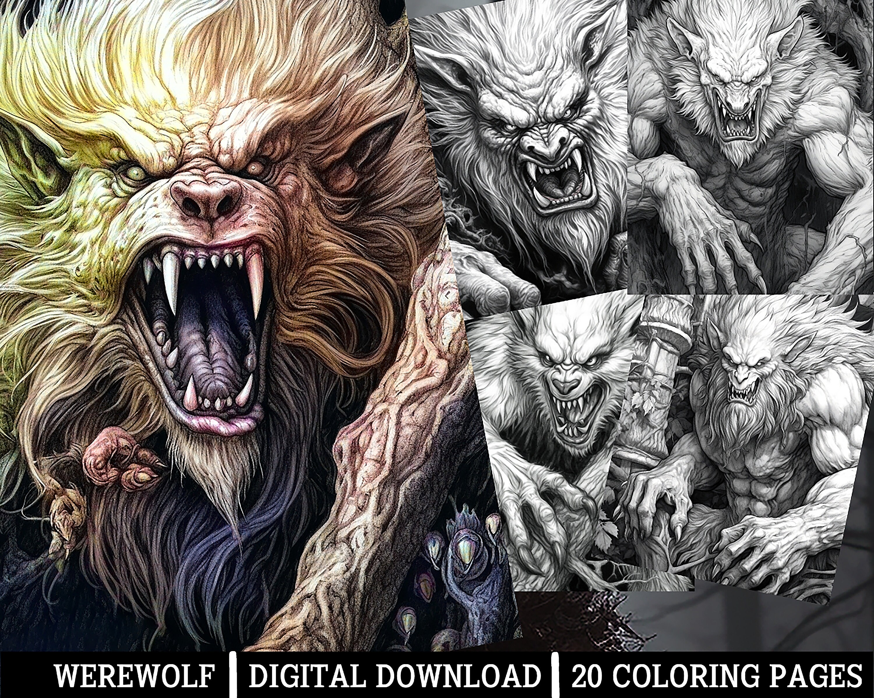 Werewolf coloring pagesfor adults instant download grayscale coloring pageprintable pngjpeg coloring for adults horror themed artworks