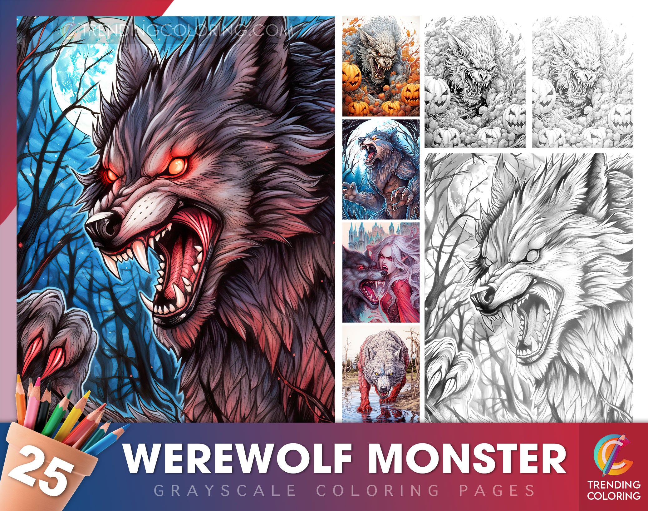 Werewolf monster grayscale coloring pages