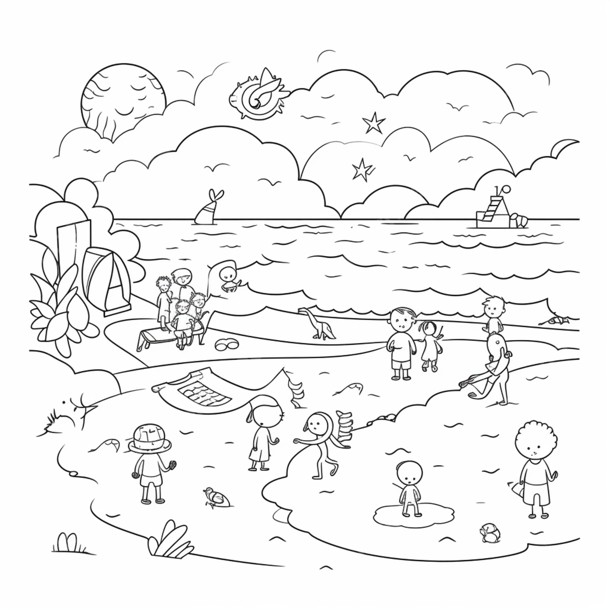 Children s coloring page showing a beach scene beach drawing wing drawing ring drawing png transparent image and clipart for free download