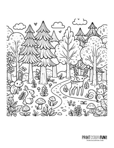 Forest scene coloring pages mountains and trees at