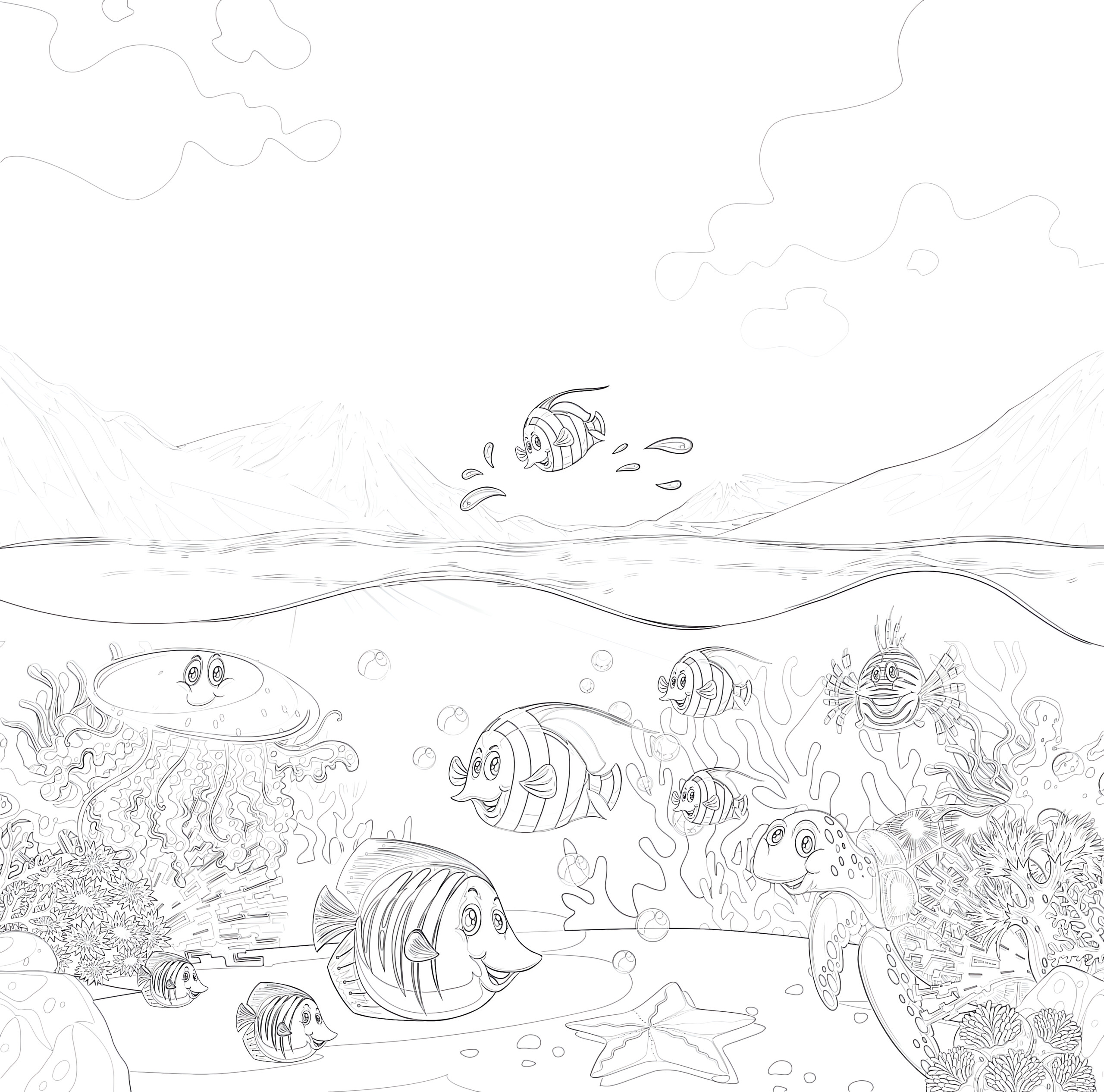 Scene fishs and turtle coloring page