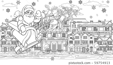 Santa claus christmas street scene coloring page