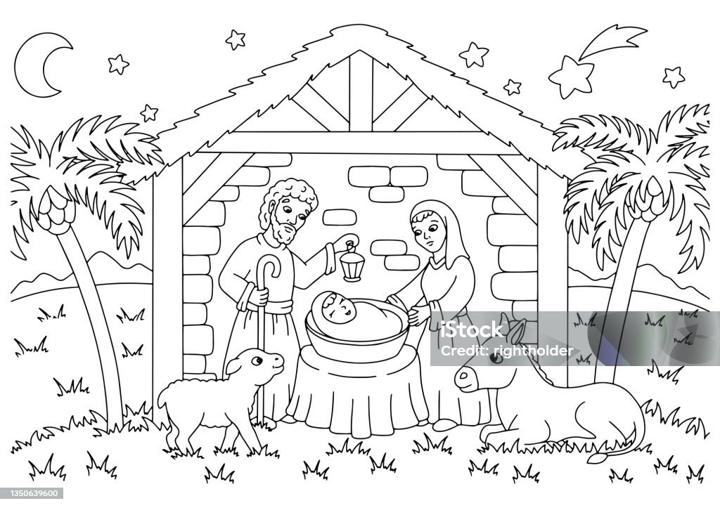 Nativity scene coloring book page for kids cartoon style character vector illustration isolated on white background stock illustration