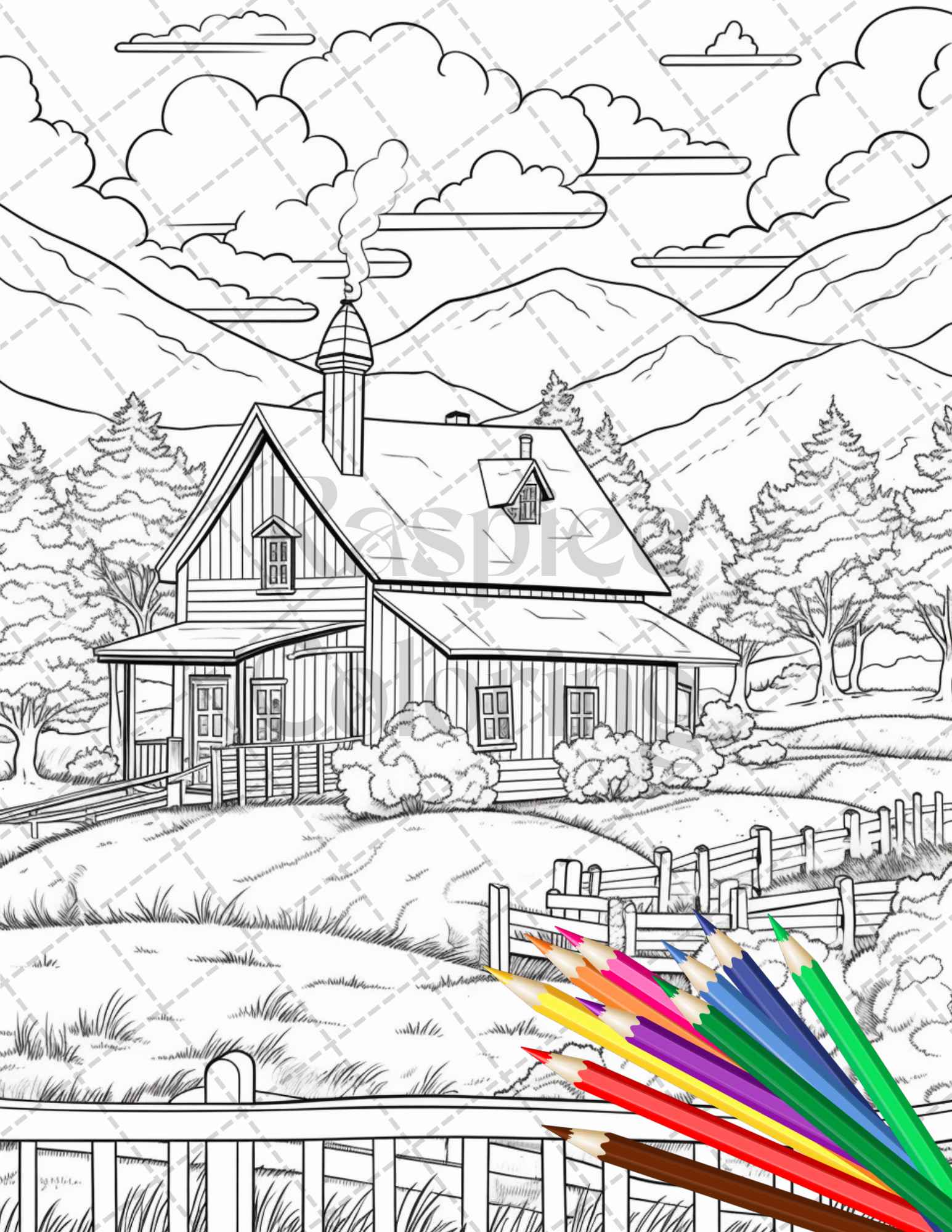 Charming farmhouse scenery grayscale coloring pages printable for adul â coloring