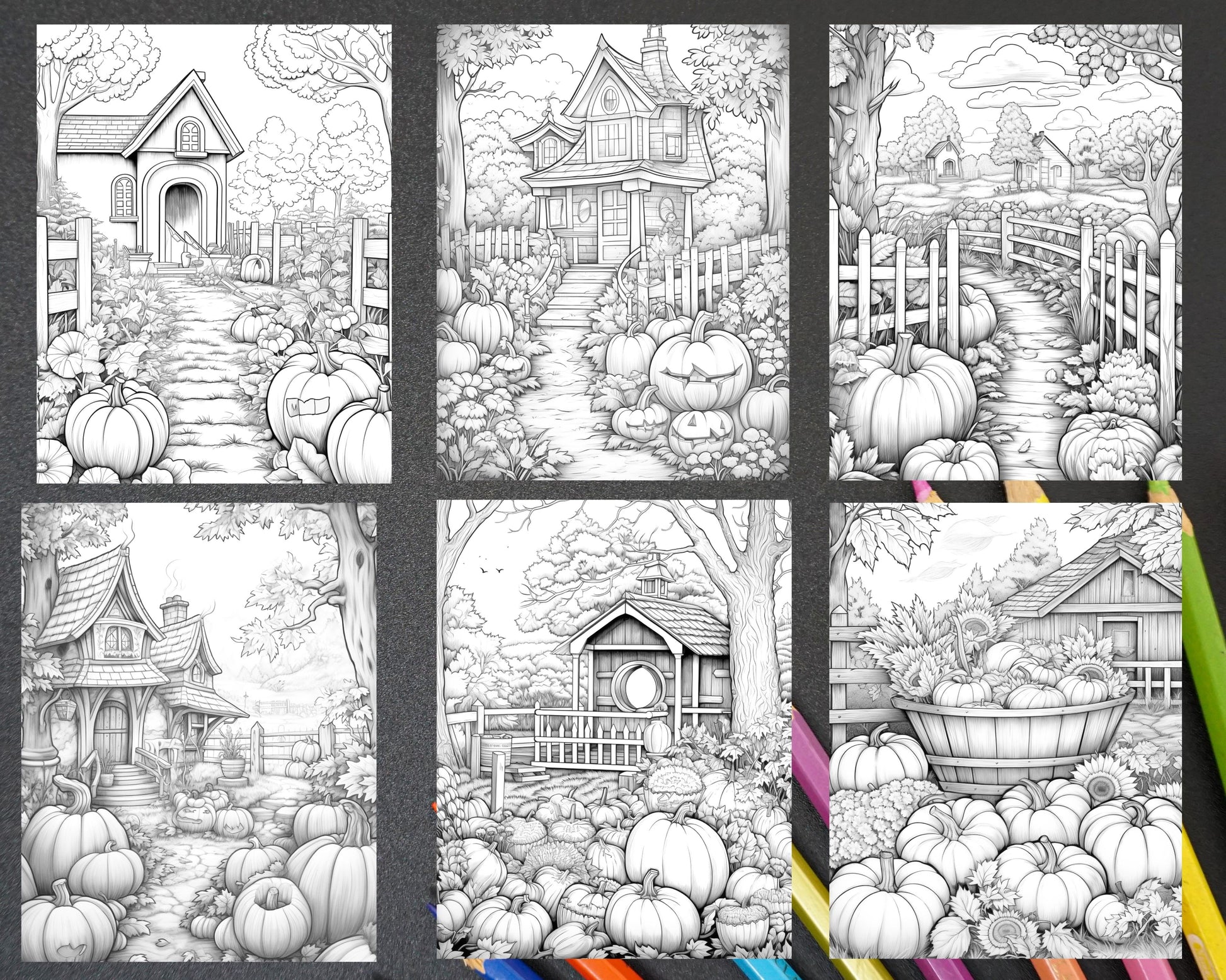 Pumpkin garden scenery grayscale coloring pages printable for adults â coloring