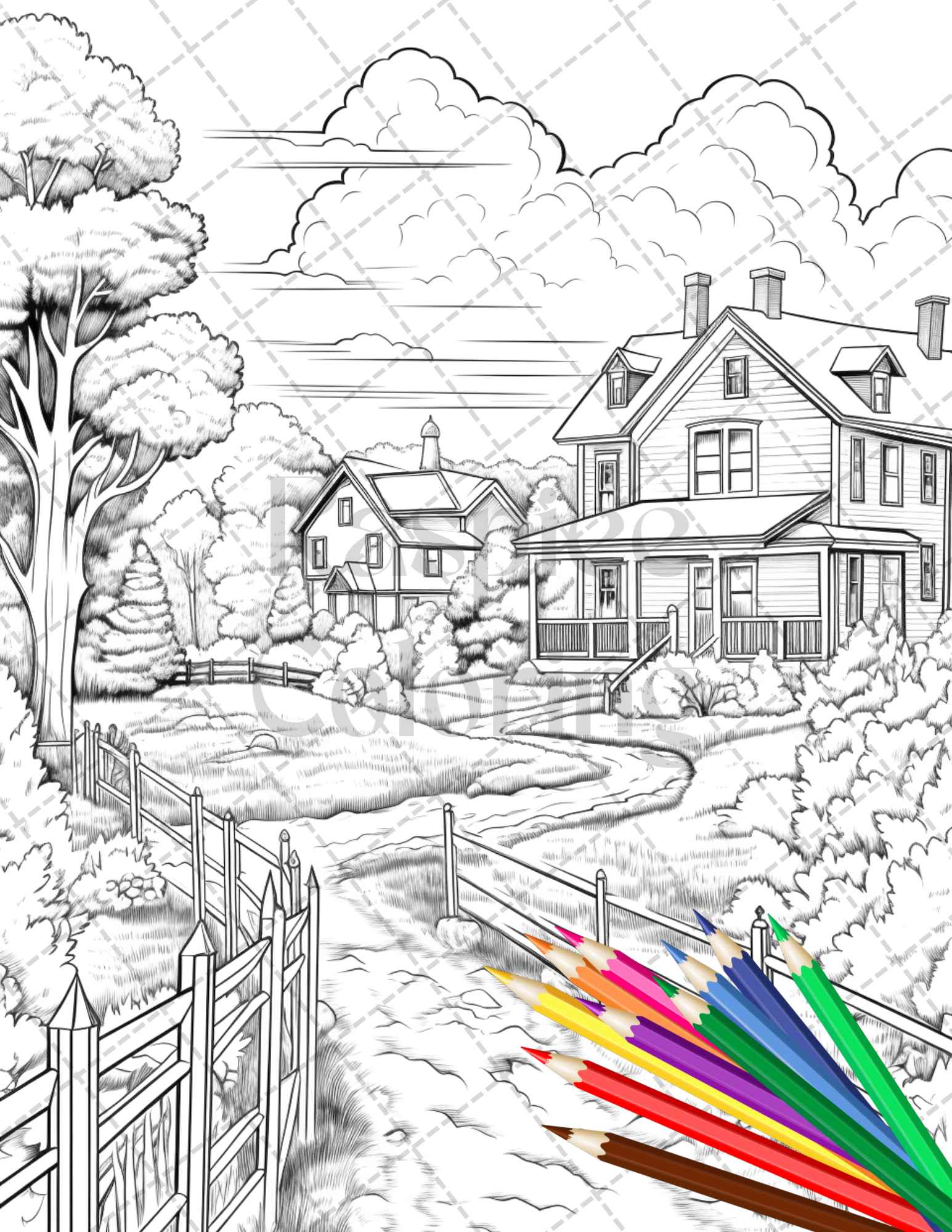 Charming farmhouse scenery grayscale coloring pages printable for adul â coloring