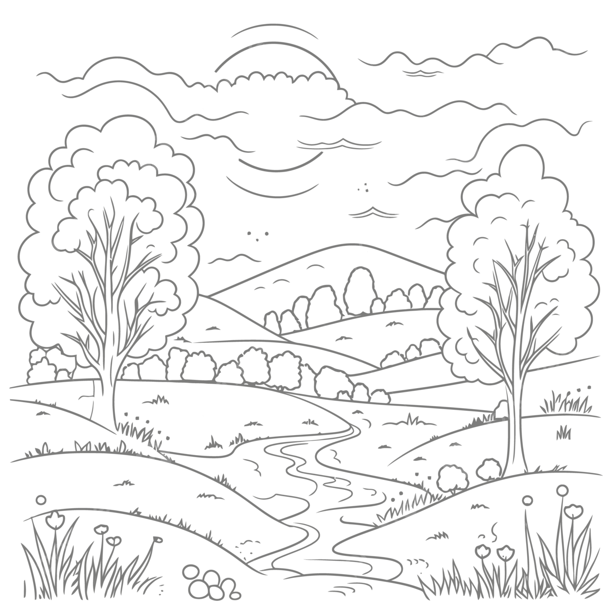 Landscape coloring page with a stream running through it outline sketch drawing vector landscape drawing wing drawing ring drawing png and vector with transparent background for free download