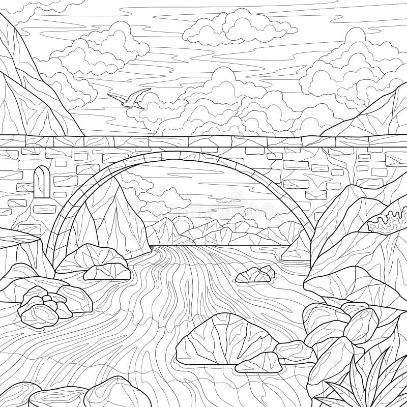 Bridge and riverscenerycoloring book antistress for children and adults illustration isolated on white background stock vector