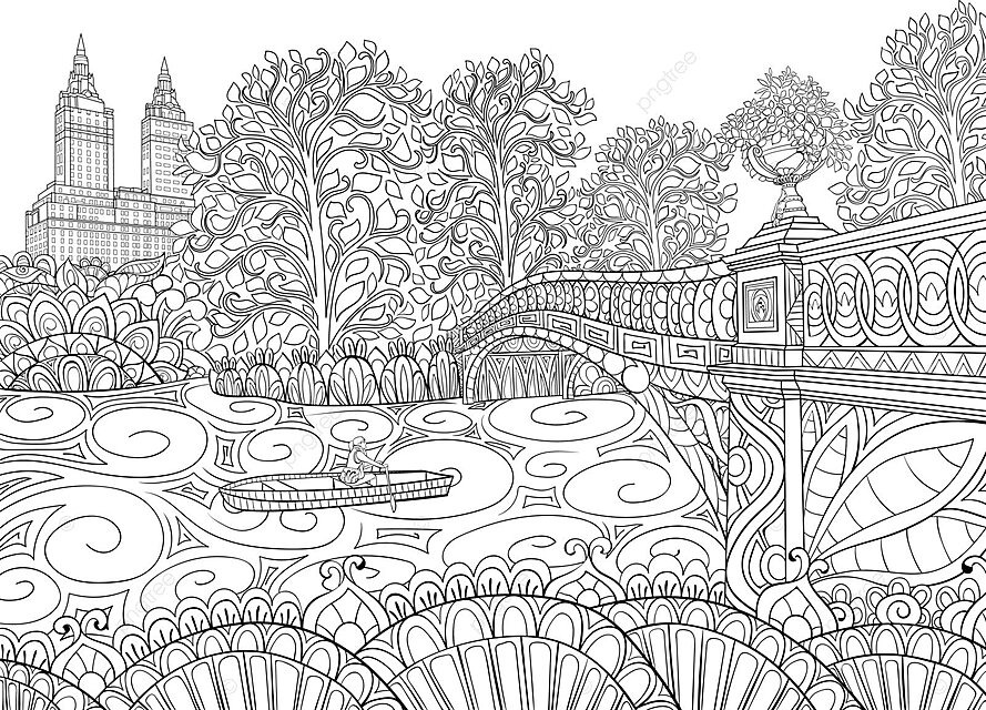 Relaxing adult coloring book page featuring a scenic bridge with trees vector art symbol black png and vector with transparent background for free download