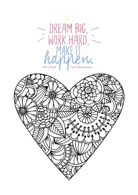 School age instant downloads printable digital coloring pages for kids pdf inspirational quote heart mandala work sheet for kids