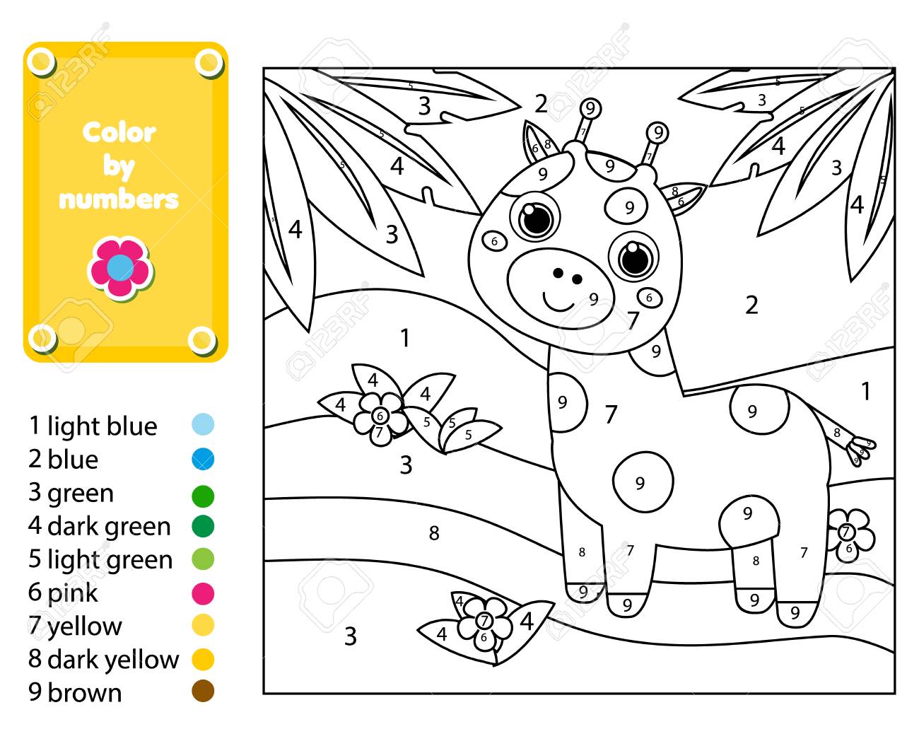 Children educational game coloring page with giraffe in jungle color by numbers printable activity worksheet for toddlers and pre school age animals theme stock photo picture and royalty free image image