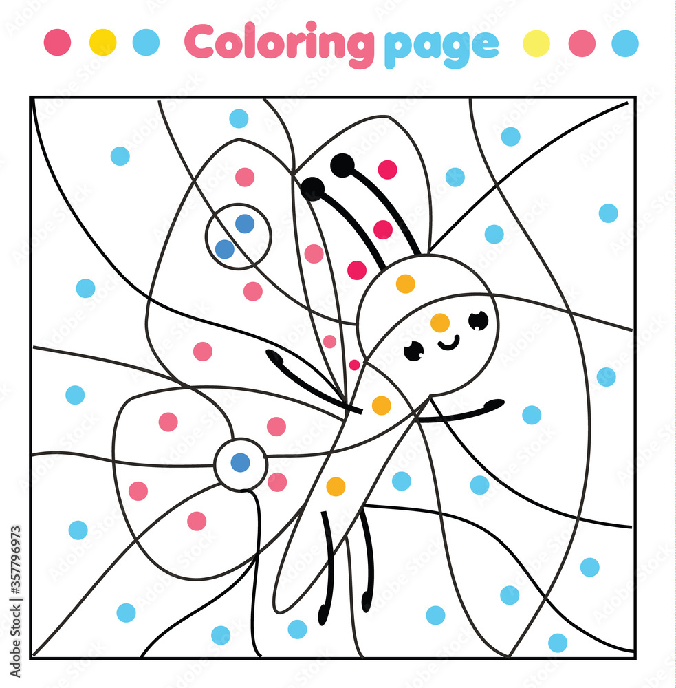Butterfly coloring page color by dots printable activity worksheet for toddlers and pre school age children educational game vector