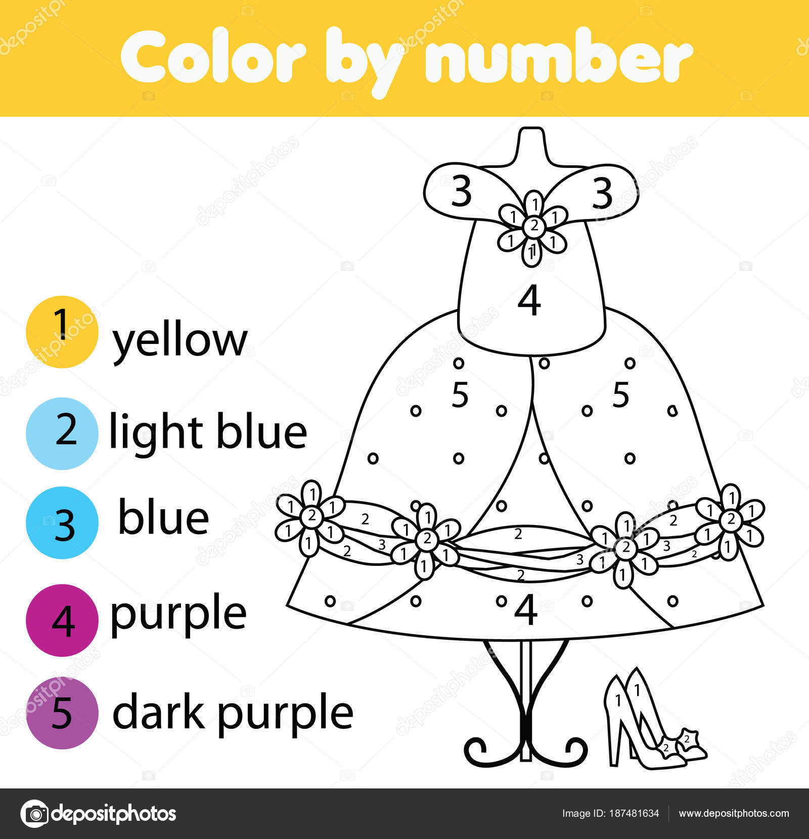 Children educational game coloring page fashionable dress color numbers printable stock vector by ksuklein
