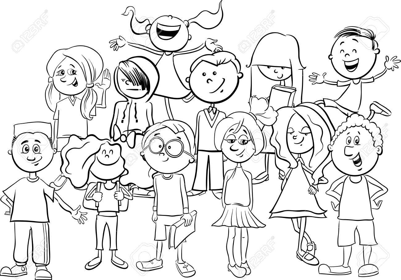 Black and white cartoon illustration of elementary school age children or teen characters group coloring book royalty free svg cliparts vectors and stock illustration image