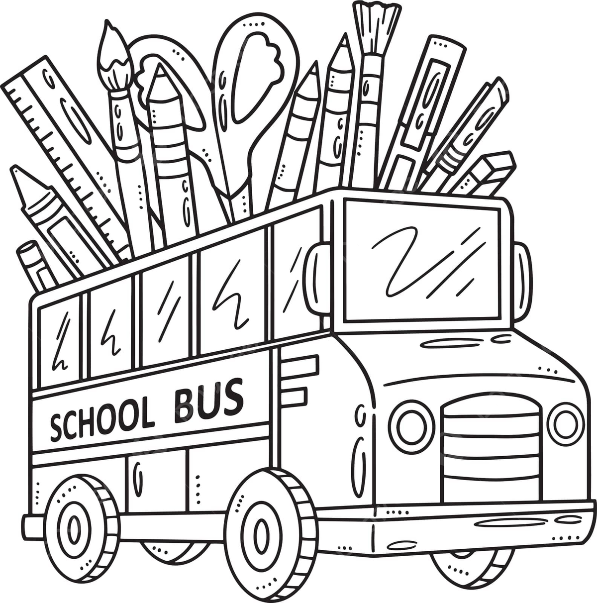 Kids coloring page of an isolated backtoschool bus vector school materials learner teacher png and vector with transparent background for free download