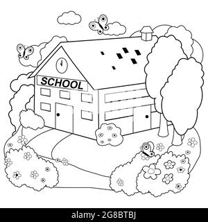 School building black and white coloring page stock photo
