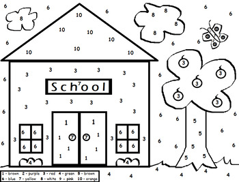 Back to school color by number schoolhouse for prek and kindergarten