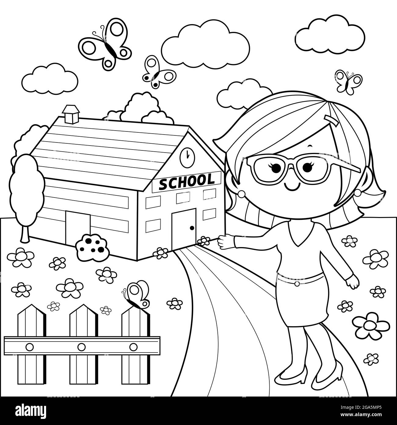 School building black and white coloring page stock photo