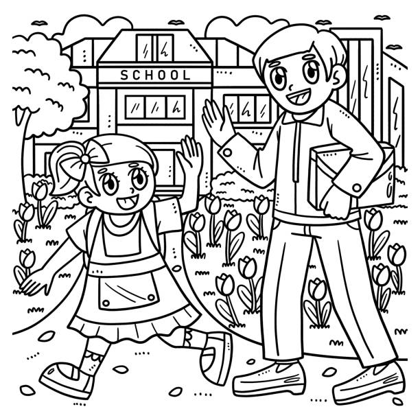 Back to school student and parent coloring page stock illustration