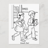 Retro vintage kitsch coloring book schools out kid postcard