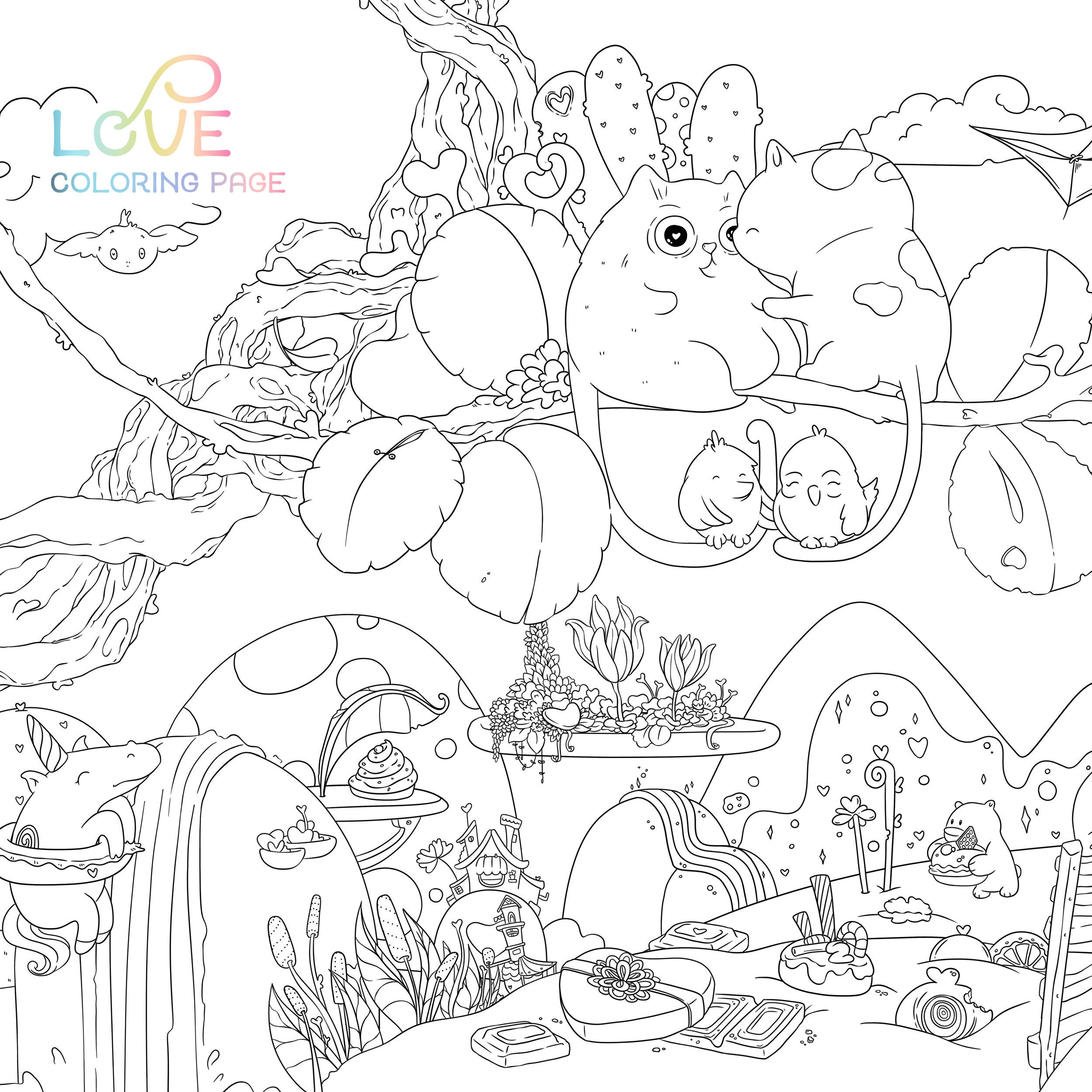 Love coloring page valentines day cats coloring page hearts pdf printable adult coloring digital download illustrated by jen katz