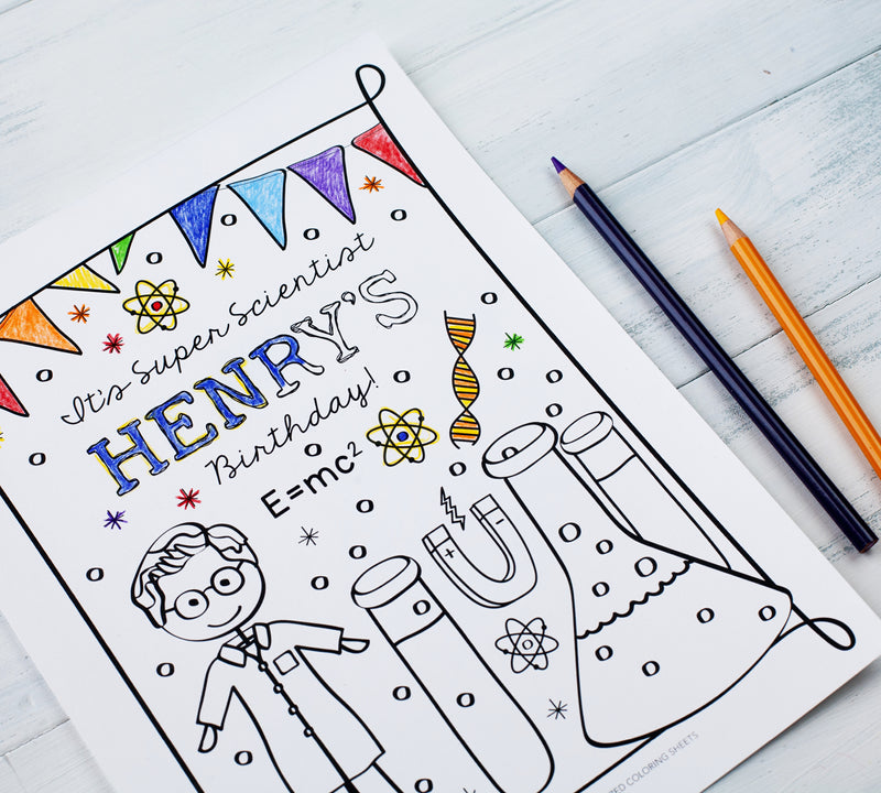 Super science birthday party printable coloring sheet designs persona â samantha b design