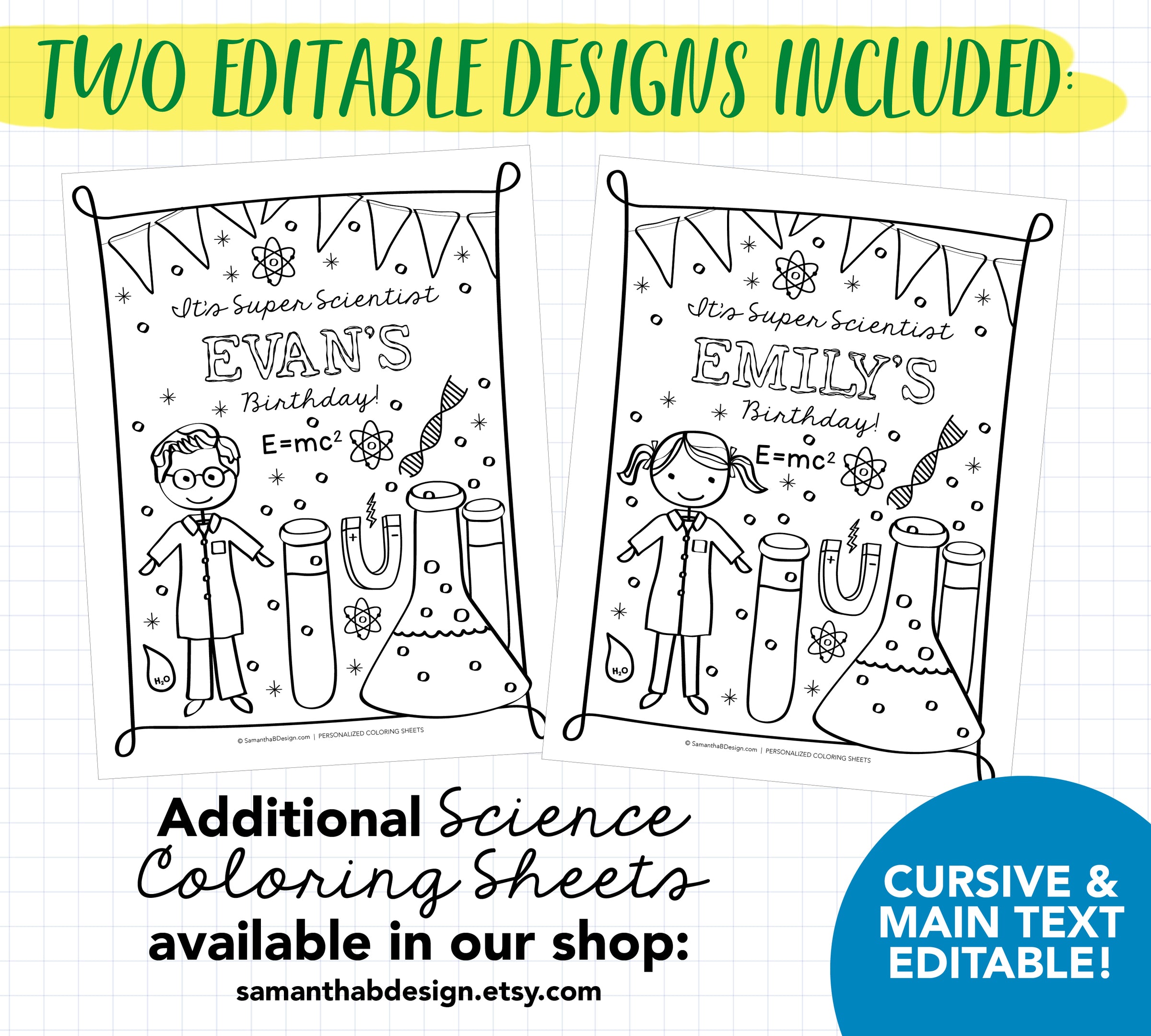 Super scientist personalized birthday party boy and girl coloring shee â samantha b design