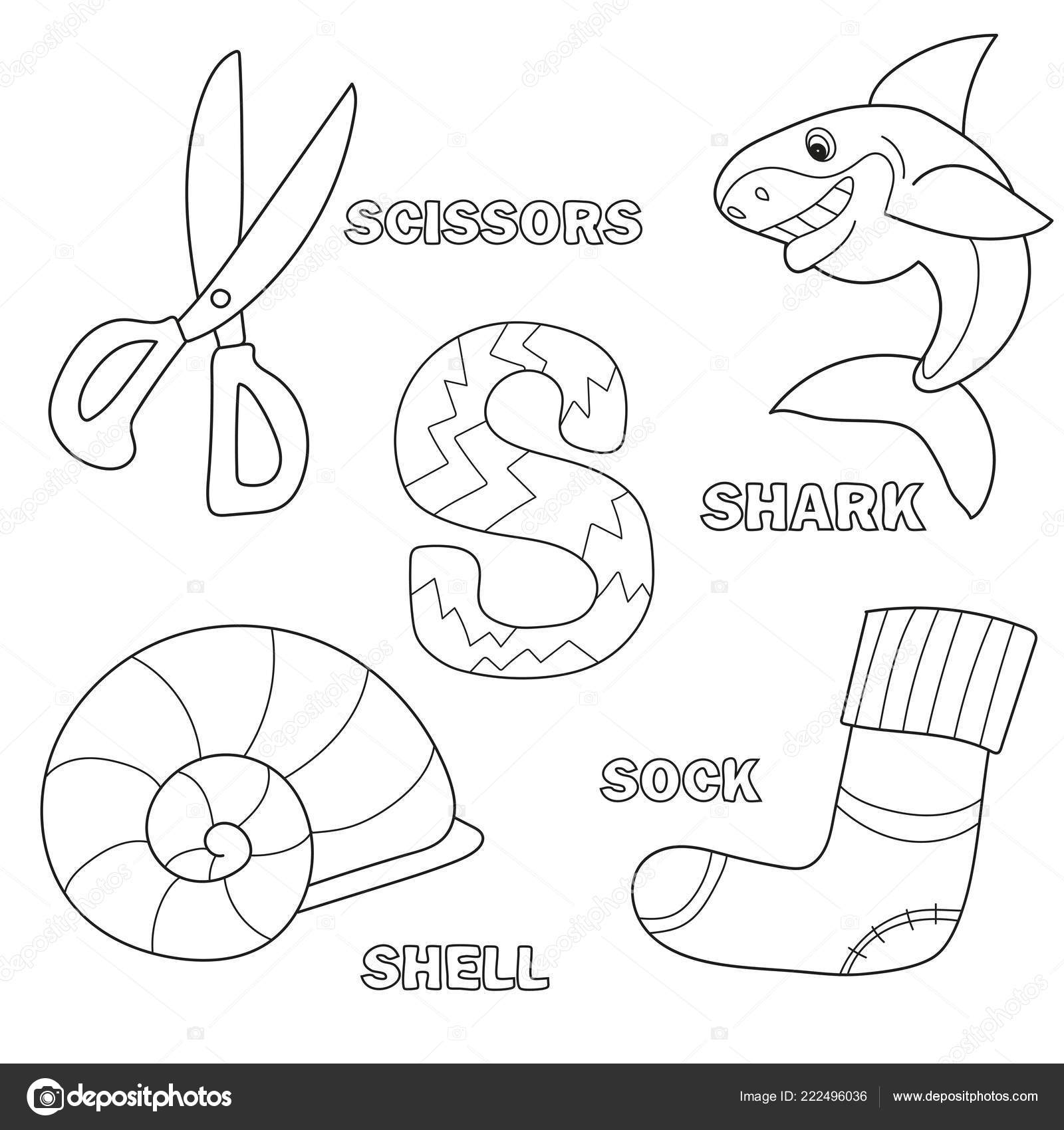 Alphabet coloring book page with outline letter s shark scissors sock shell stock vector by brill