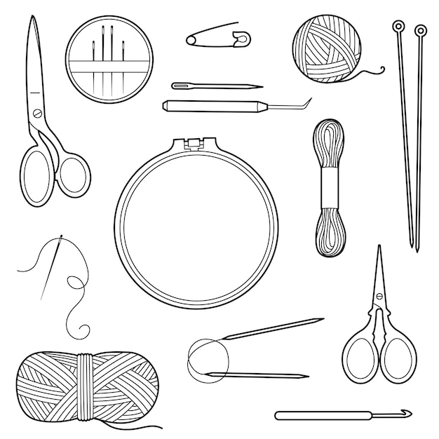 Premium vector needlework tool kit yarn needles hoops scissors black and white illustration for kids coloring book