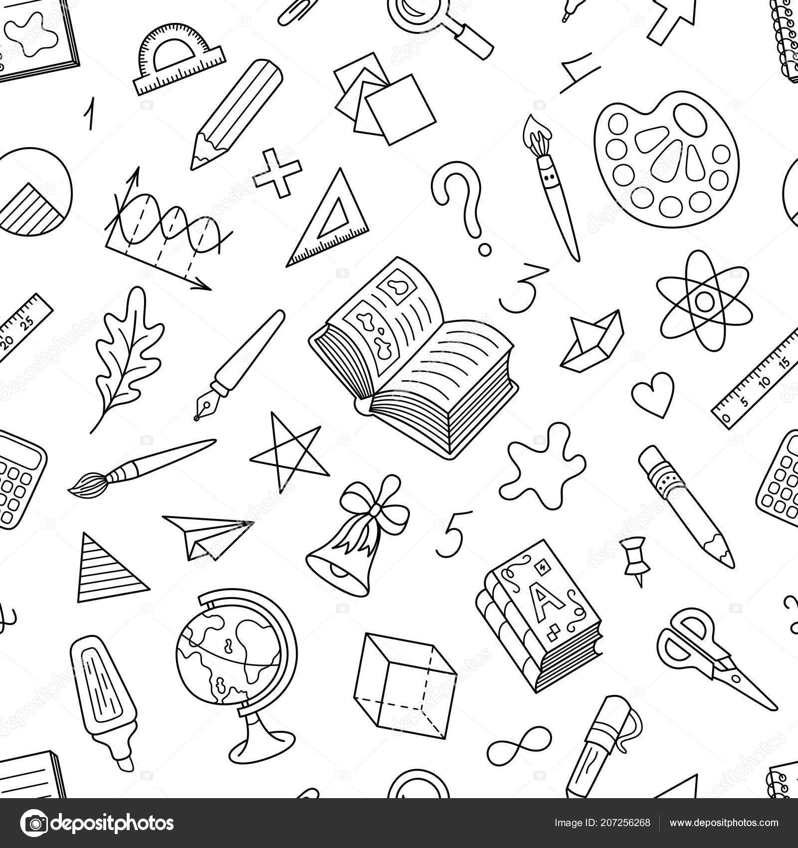 Black white seamless pattern school stationery coloring page uncolored patterned stock vector by smilyk