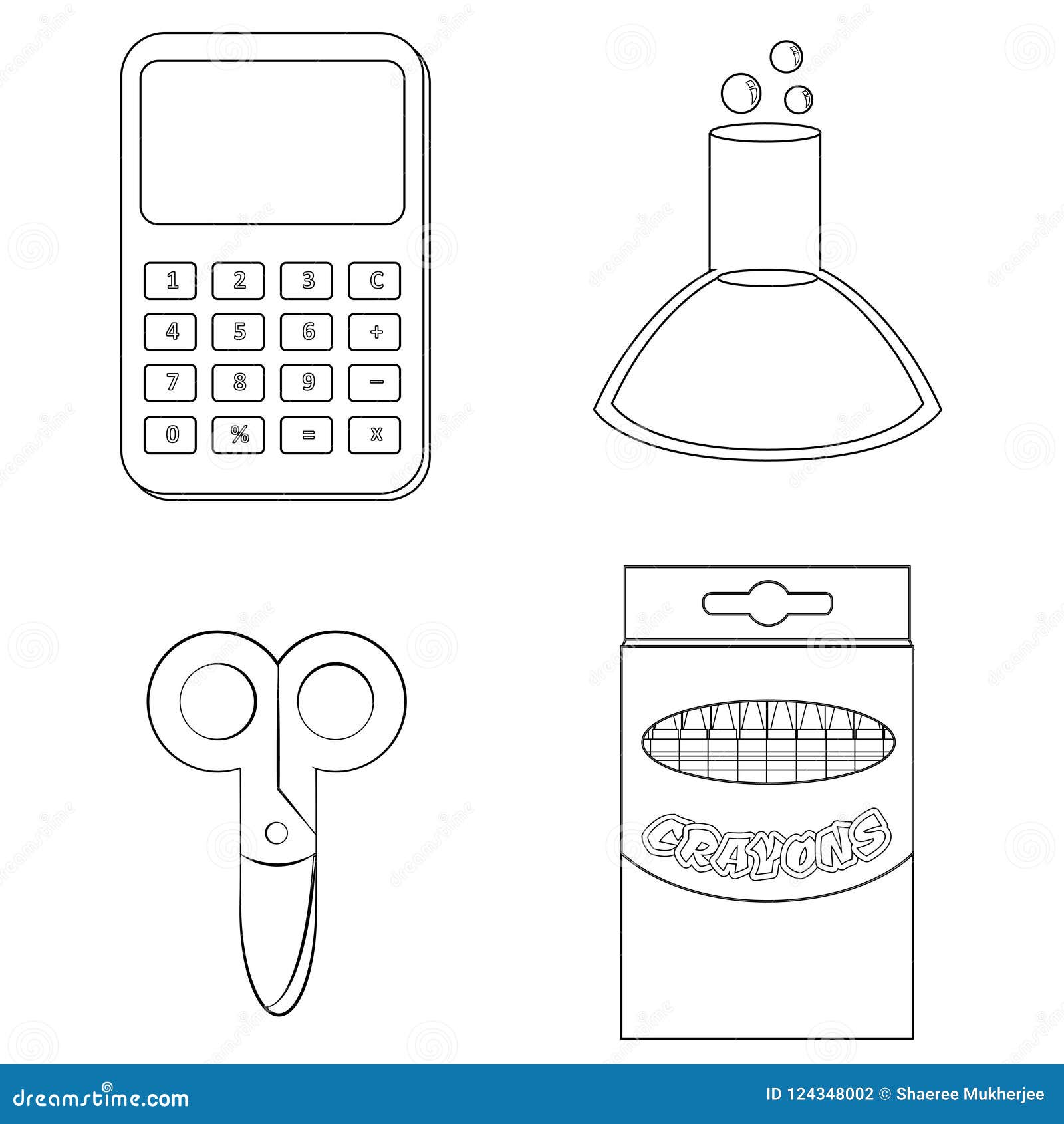 Calculator beaker scissors and crayons coloring page stock vector