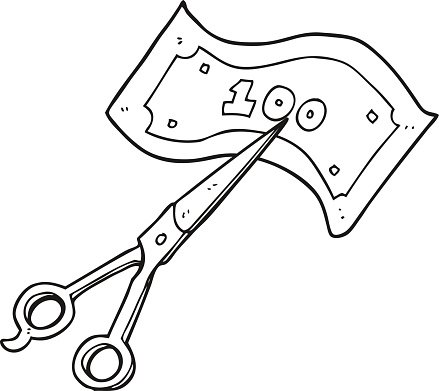 Black and white cartoon scissors cutting money stock clipart royalty