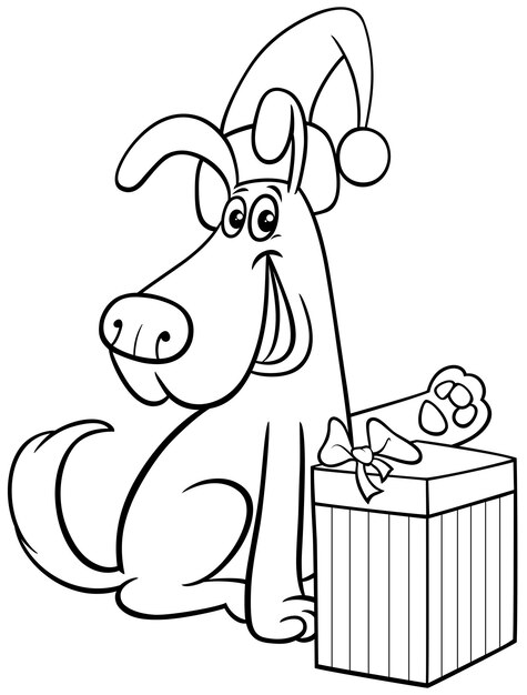 Premium vector ic dog with christmas present coloring page